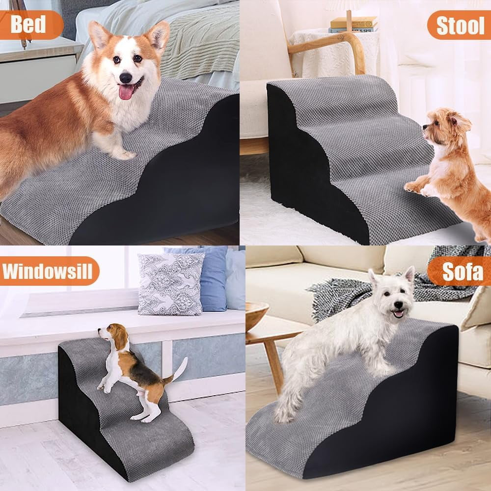 Dog Stairs for Bed, Pet Stairs for Small Dogs, 3-Layer High-Density Foam Pet Steps, Non-Slip Gentle Slope Dog Stair Ramp with Removable and Washable Cover, Suitable for Small, Short, Elderly Pets.