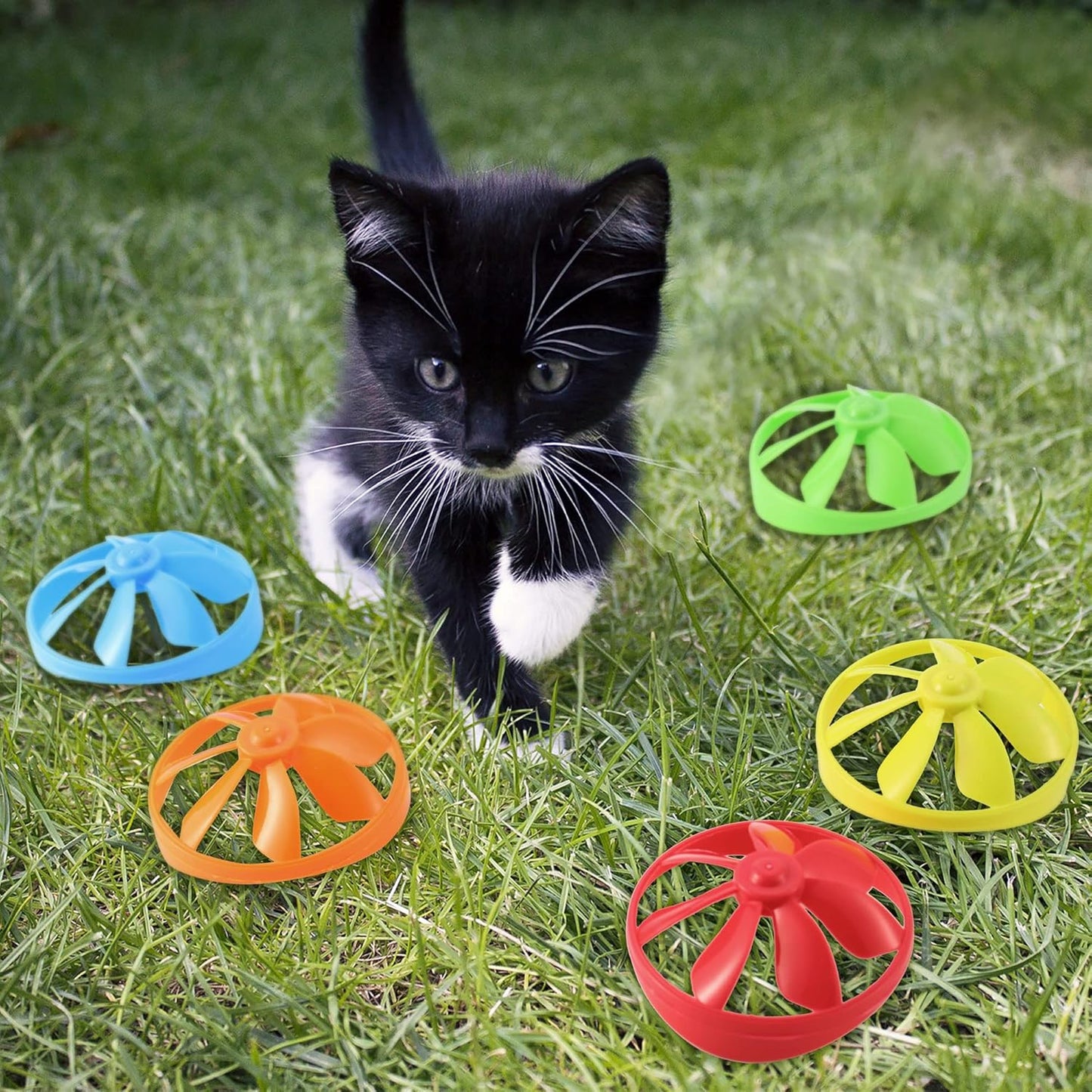 18 Pieces Interactive Cat Fetch Tracking Toys with 5 Colors Flying Propellers for Indoor Pet Kitty Training Chasing (Blue Cat Theme Design)