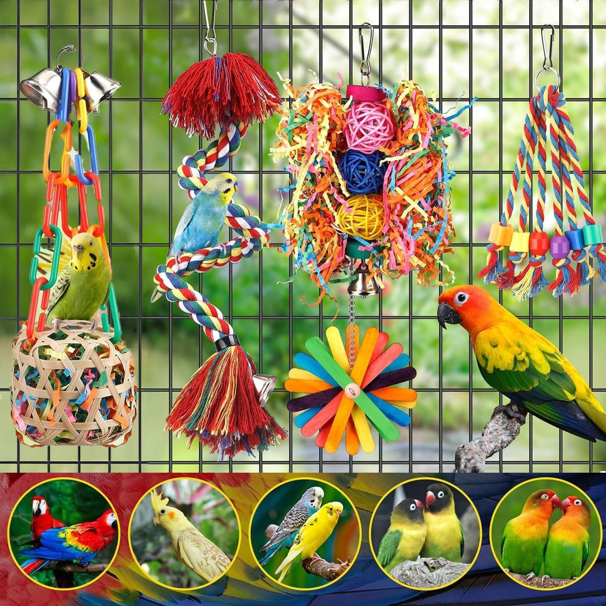 6 Pcs Bird Toys for Parakeet, Parrot & Conure Delights- Featuring Foraging and Chewing Delights, Large Bird Accessories, and Unique Cage Perches for a Joyful Aviary