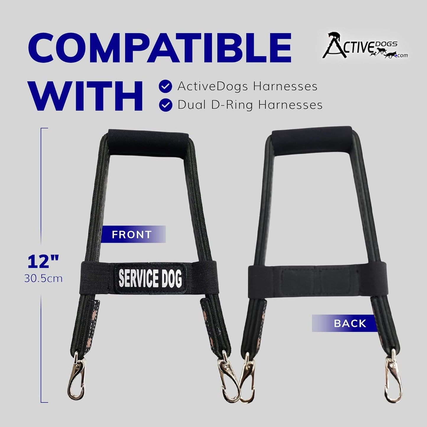 Activedogs Leather Bridge Handle - 12" Solid Steel & Leather Service Dog Handle with Easy Snap-On Clips, Reflective ID Band & Neoprene Padded Grip