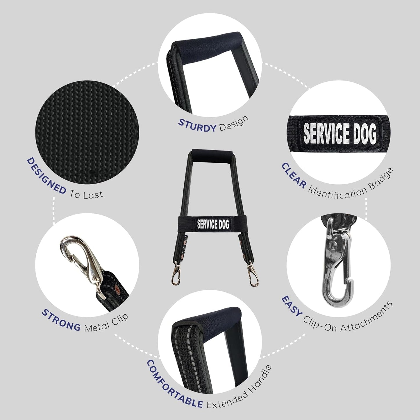 Activedogs Leather Bridge Handle - 12" Solid Steel & Leather Service Dog Handle with Easy Snap-On Clips, Reflective ID Band & Neoprene Padded Grip