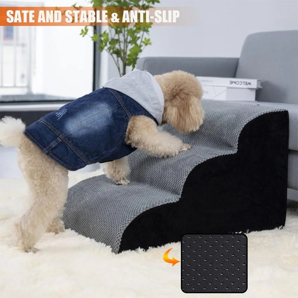 Dog Stairs for Bed, Pet Stairs for Small Dogs, 3-Layer High-Density Foam Pet Steps, Non-Slip Gentle Slope Dog Stair Ramp with Removable and Washable Cover, Suitable for Small, Short, Elderly Pets.