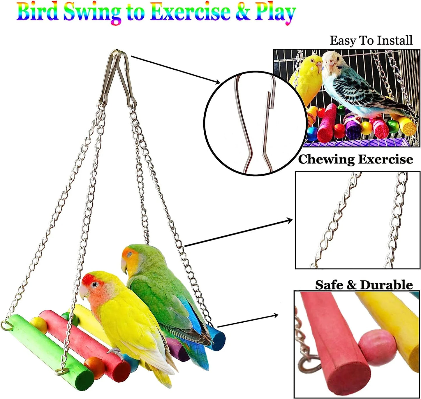 6 PCS Bird Toys Parakeet Toys, Colorful Parrot Toy for Small Parakeets Cockatiels Conures Finches Swing Chewing Hanging Bell Cage Hammock Toy