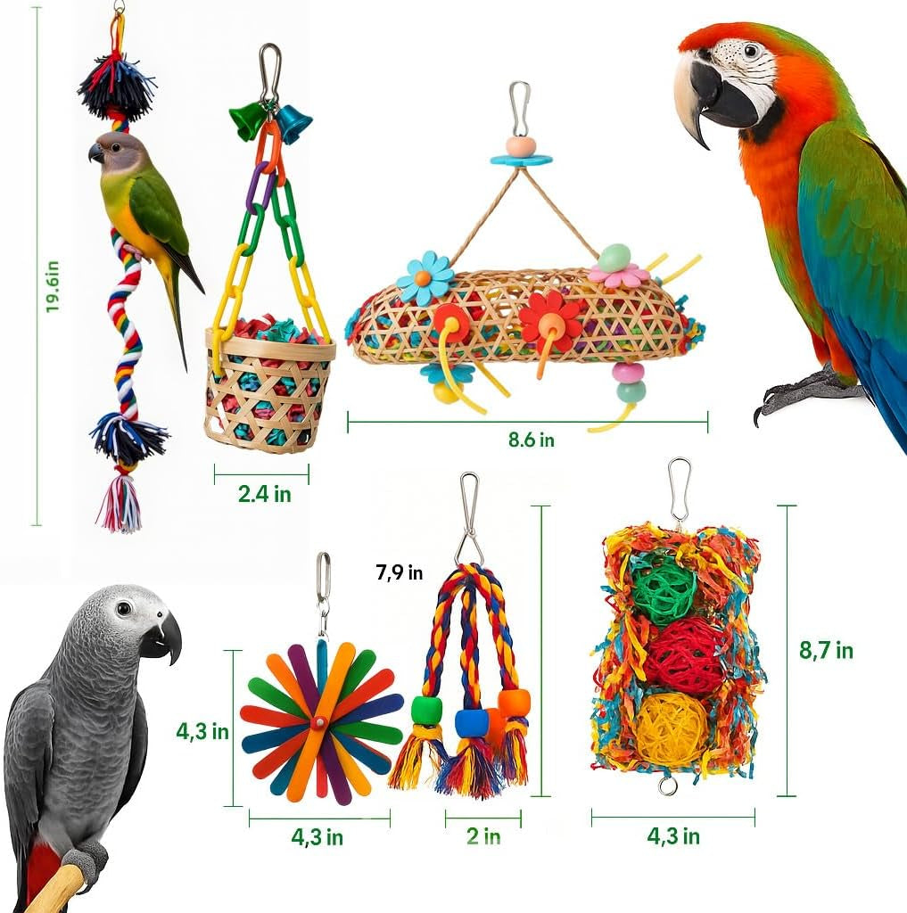 6 Pcs Bird Toys for Parakeet, Parrot & Conure Delights- Featuring Foraging and Chewing Delights, Large Bird Accessories, and Unique Cage Perches for a Joyful Aviary
