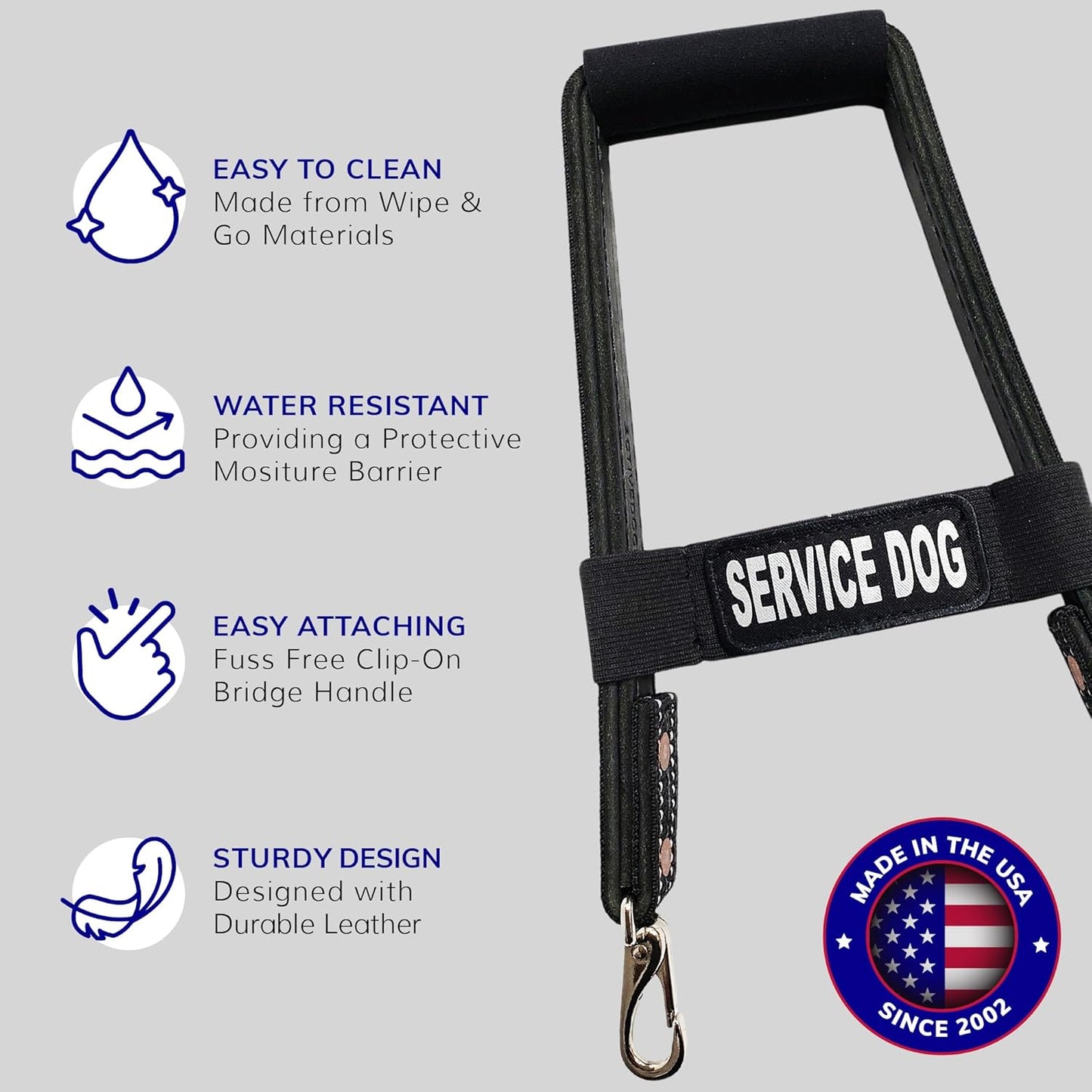 Activedogs Leather Bridge Handle - 12" Solid Steel & Leather Service Dog Handle with Easy Snap-On Clips, Reflective ID Band & Neoprene Padded Grip