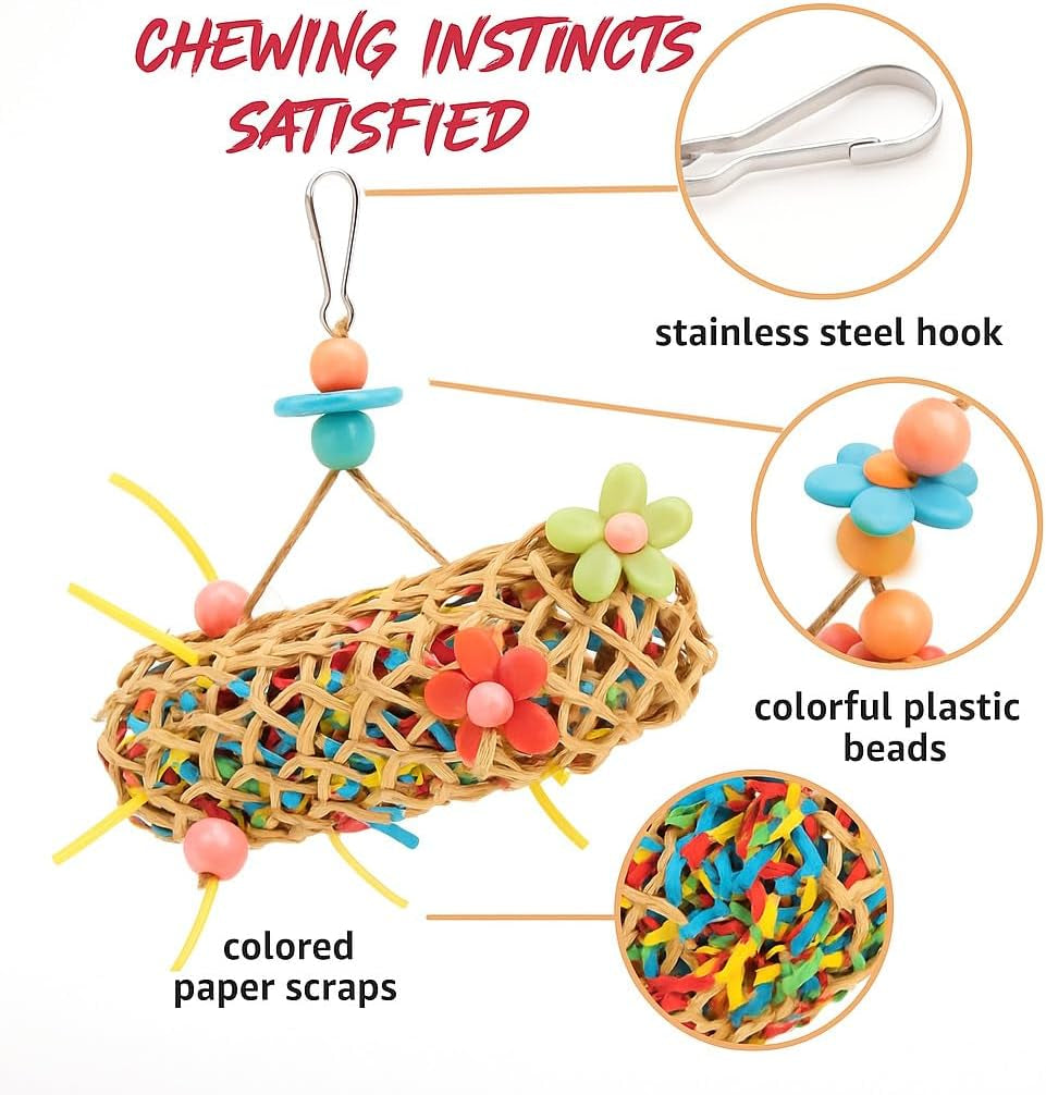6 Pcs Bird Toys for Parakeet, Parrot & Conure Delights- Featuring Foraging and Chewing Delights, Large Bird Accessories, and Unique Cage Perches for a Joyful Aviary