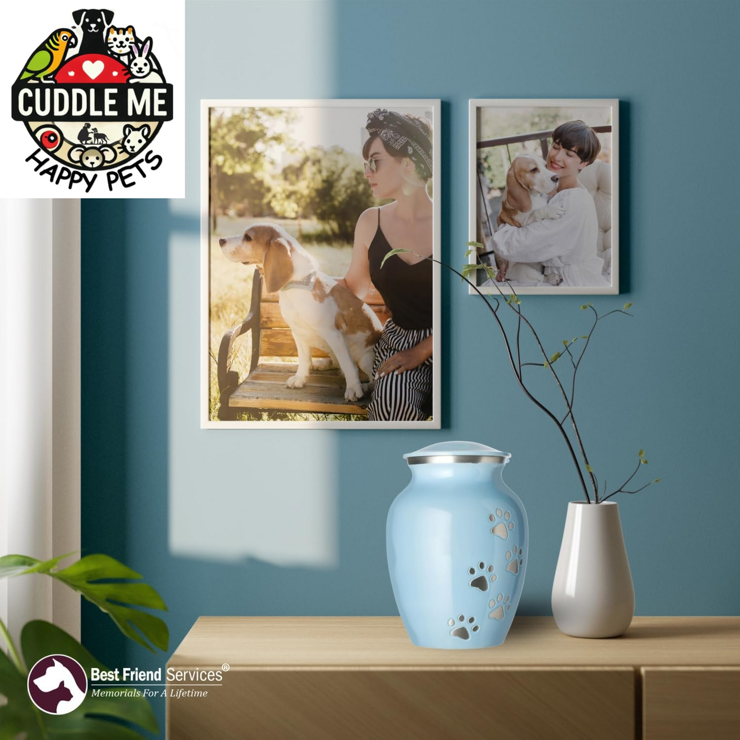 Pet Urn - Ottillie Paws Legacy Memorial Pet Cremation Urns for Dogs and Cats Ashes Hand Carved Aluminium Memory Keepsake Urn (Baby Blue, Pewter, Vertical Paws, Large)