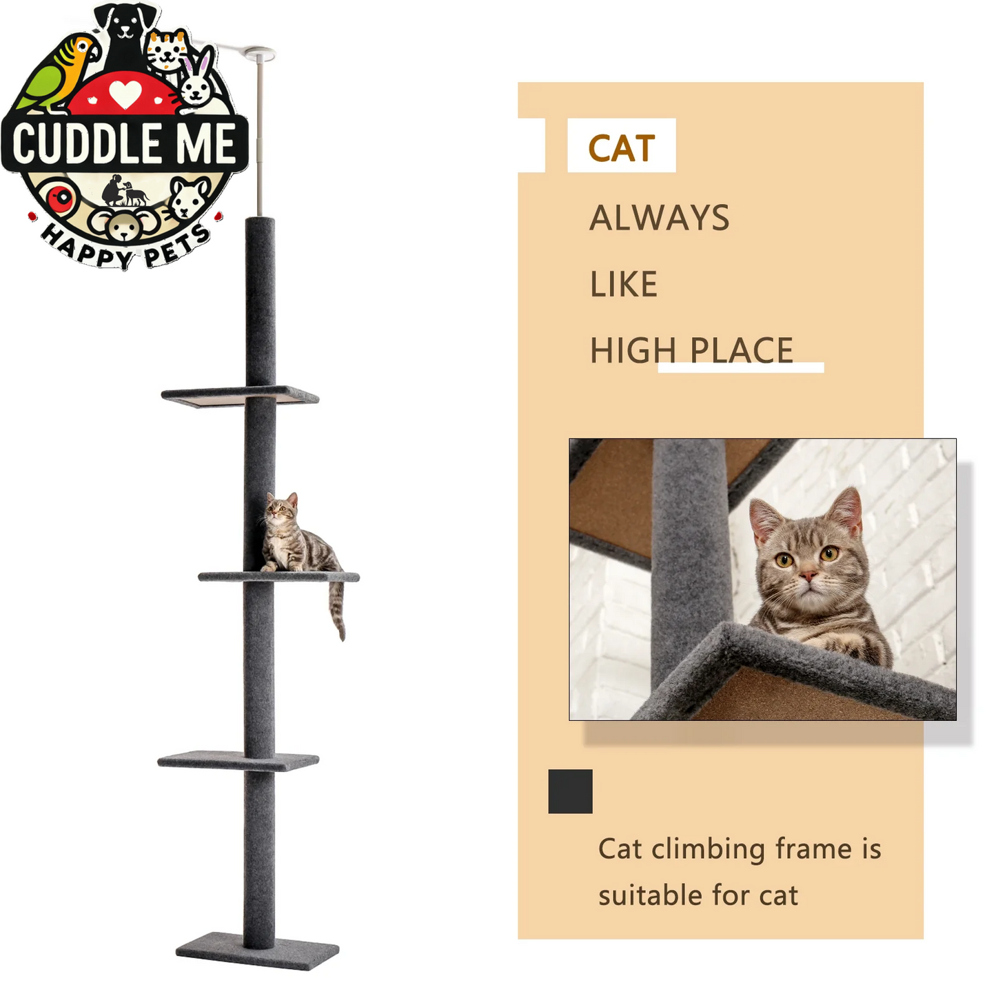 90-107" Floor to Ceiling Cat Tree Tower 4 Tier Tall Cat Climbing Posts Adjustable, Gray