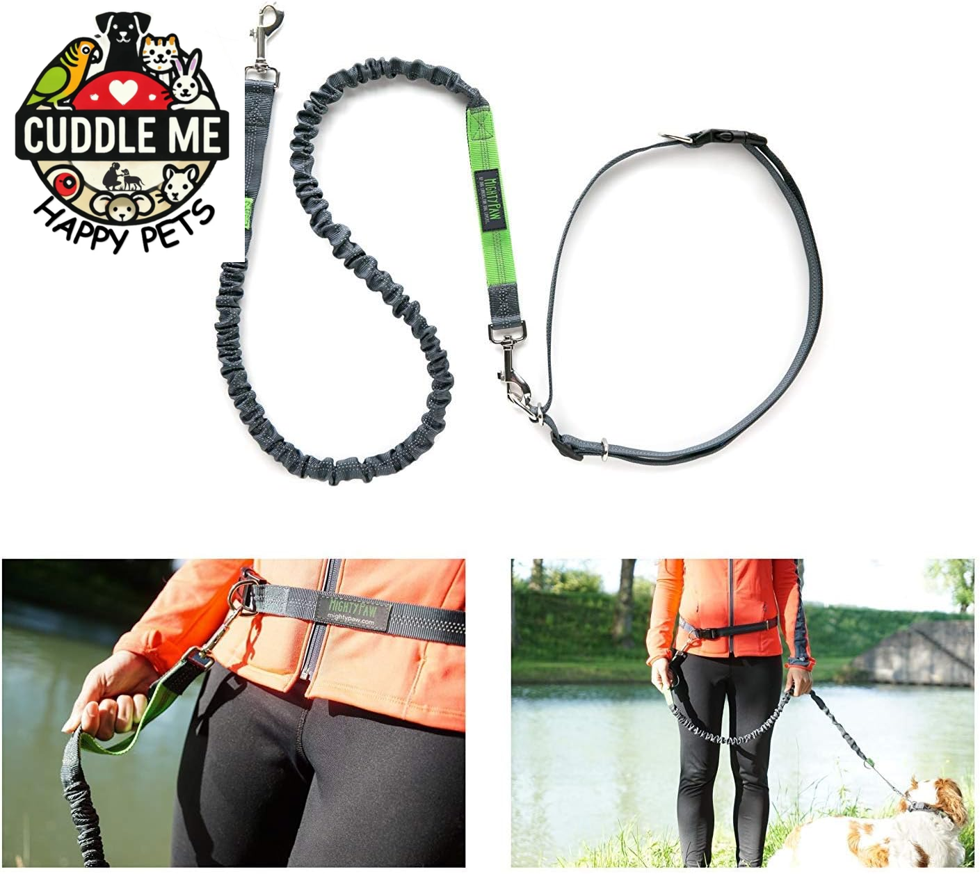 Hands Free Dog Leash | Bungee Waist Leash for Dog Walking. Pet Running Hands Free Tether for Large, Medium & Small Breeds. Pet Waist Belt (36" - 48") up to 150 Lbs - Gray