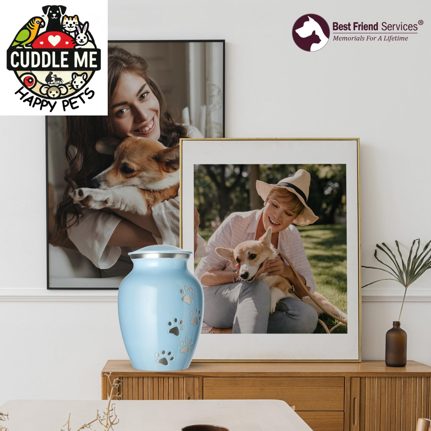 Pet Urn - Ottillie Paws Legacy Memorial Pet Cremation Urns for Dogs and Cats Ashes Hand Carved Aluminium Memory Keepsake Urn (Baby Blue, Pewter, Vertical Paws, Large)