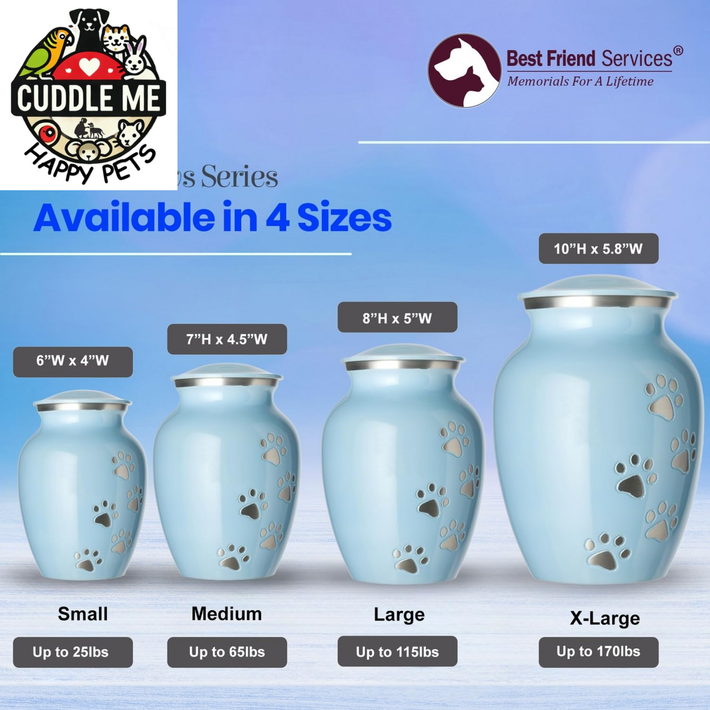 Pet Urn - Ottillie Paws Legacy Memorial Pet Cremation Urns for Dogs and Cats Ashes Hand Carved Aluminium Memory Keepsake Urn (Baby Blue, Pewter, Vertical Paws, Large)