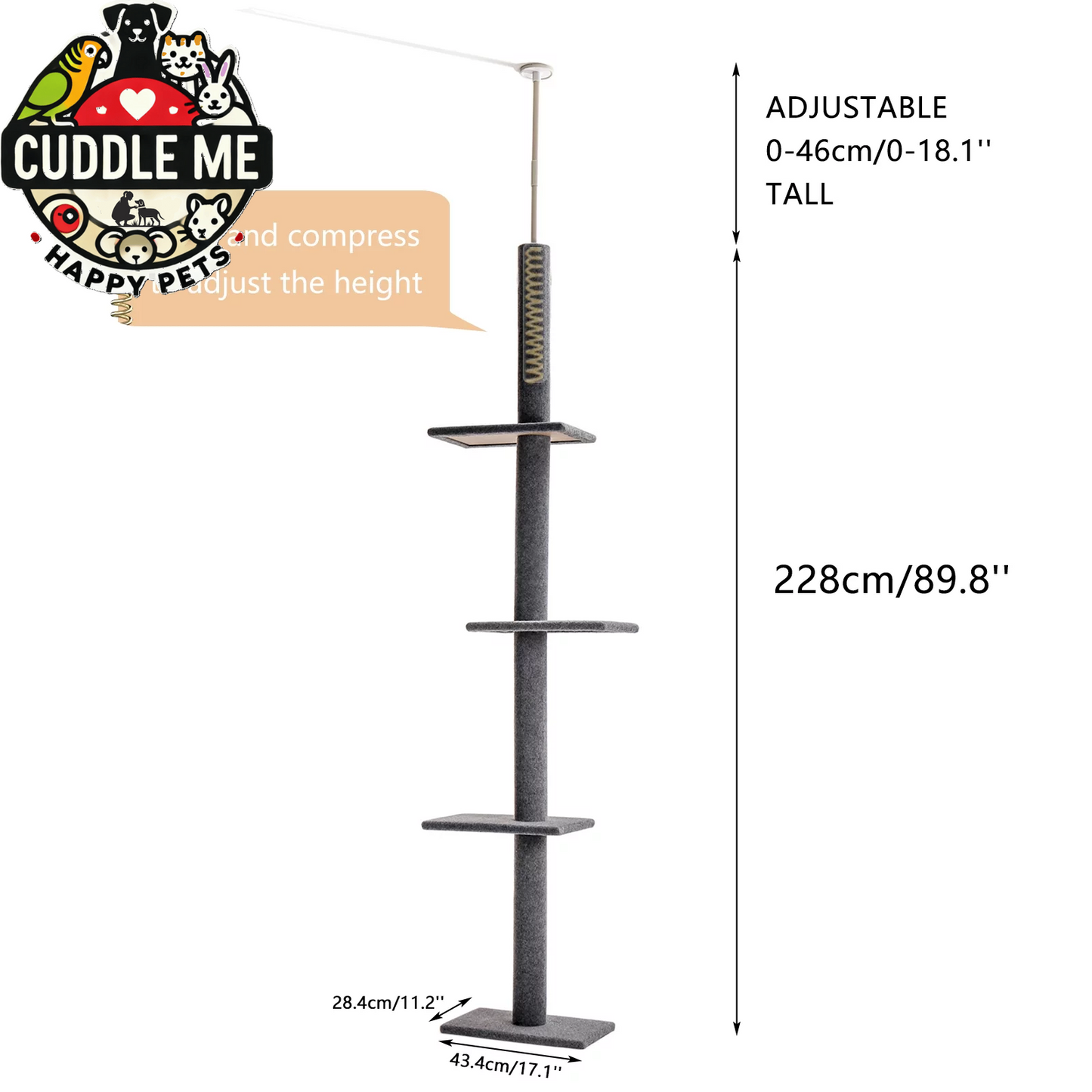90-107" Floor to Ceiling Cat Tree Tower 4 Tier Tall Cat Climbing Posts Adjustable, Gray