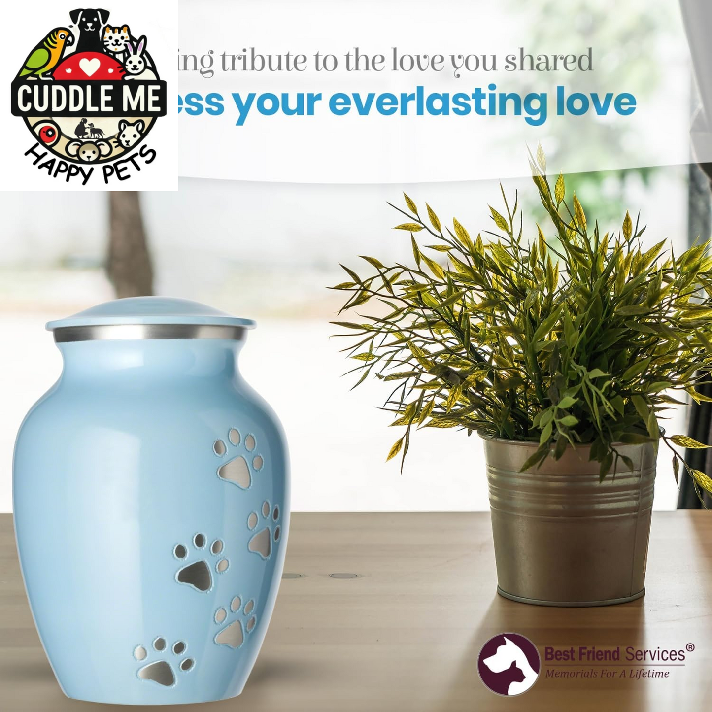 Pet Urn - Ottillie Paws Legacy Memorial Pet Cremation Urns for Dogs and Cats Ashes Hand Carved Aluminium Memory Keepsake Urn (Baby Blue, Pewter, Vertical Paws, Large)