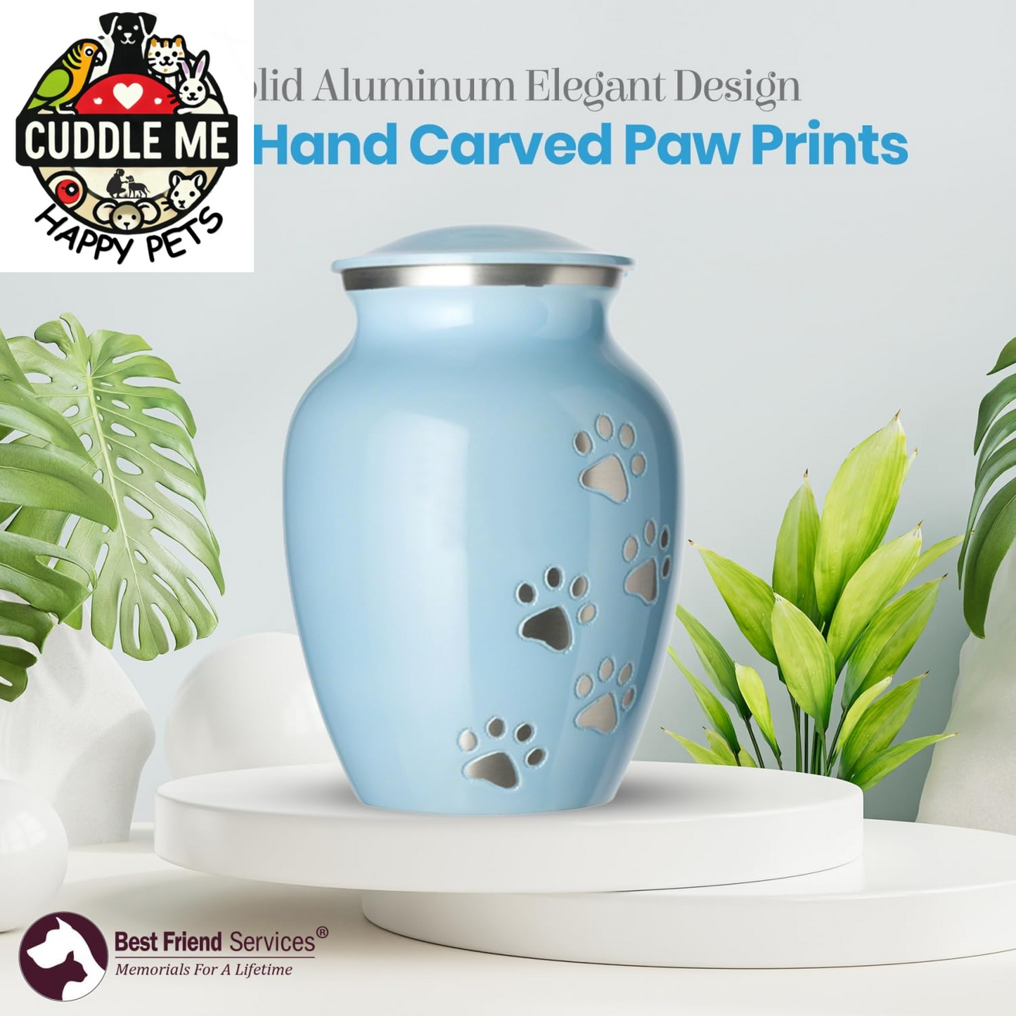 Pet Urn - Ottillie Paws Legacy Memorial Pet Cremation Urns for Dogs and Cats Ashes Hand Carved Aluminium Memory Keepsake Urn (Baby Blue, Pewter, Vertical Paws, Large)
