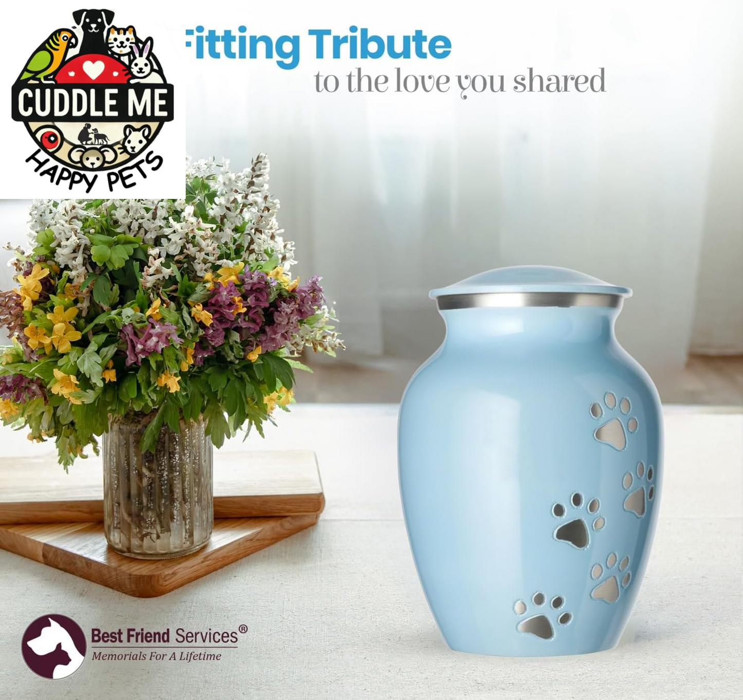Pet Urn - Ottillie Paws Legacy Memorial Pet Cremation Urns for Dogs and Cats Ashes Hand Carved Aluminium Memory Keepsake Urn (Baby Blue, Pewter, Vertical Paws, Large)