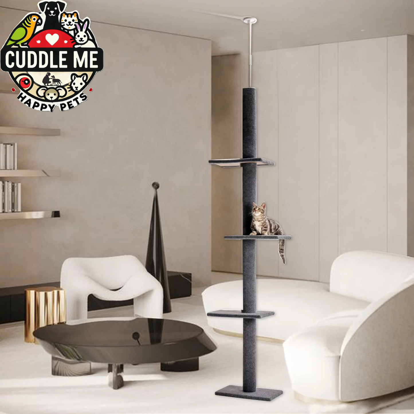 90-107" Floor to Ceiling Cat Tree Tower 4 Tier Tall Cat Climbing Posts Adjustable, Gray