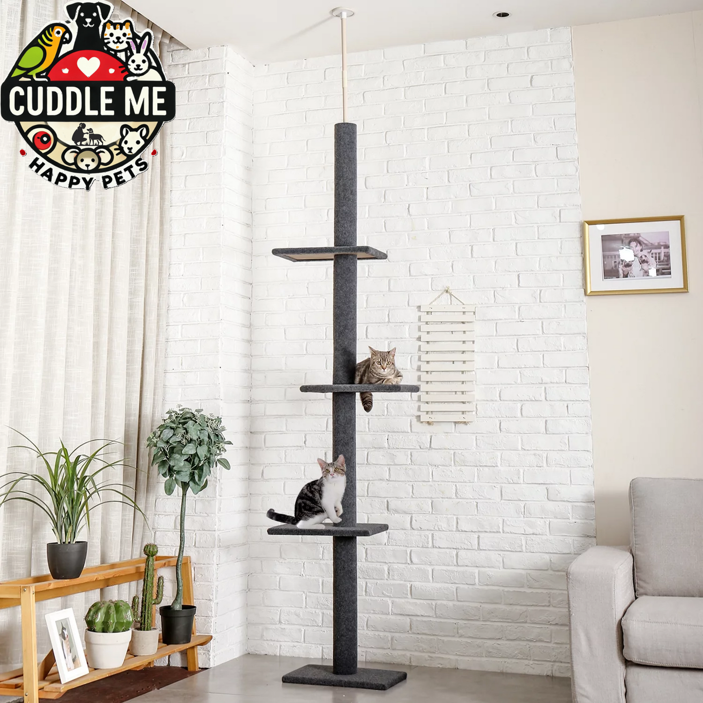 90-107" Floor to Ceiling Cat Tree Tower 4 Tier Tall Cat Climbing Posts Adjustable, Gray