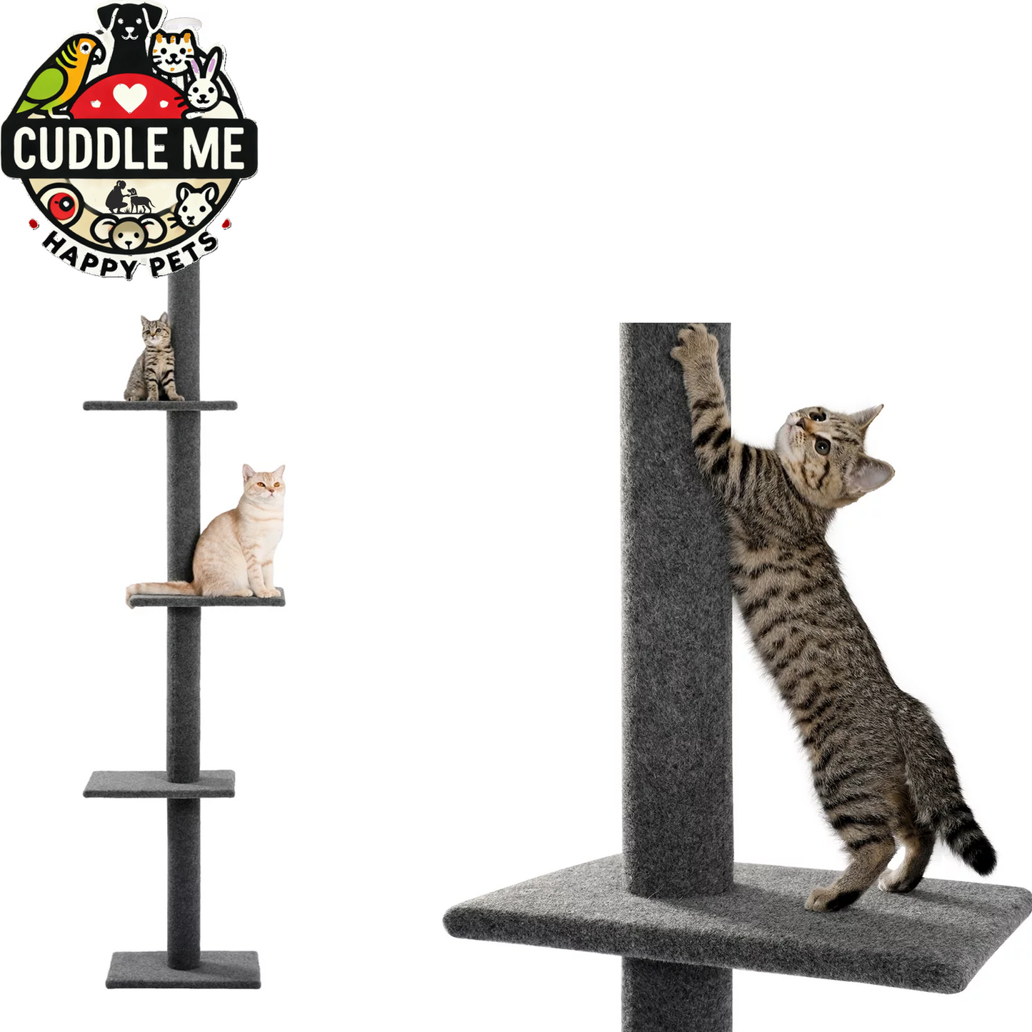 90-107" Floor to Ceiling Cat Tree Tower 4 Tier Tall Cat Climbing Posts Adjustable, Gray