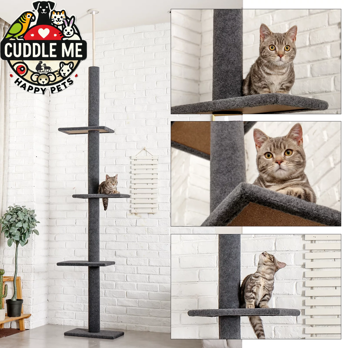 90-107" Floor to Ceiling Cat Tree Tower 4 Tier Tall Cat Climbing Posts Adjustable, Gray