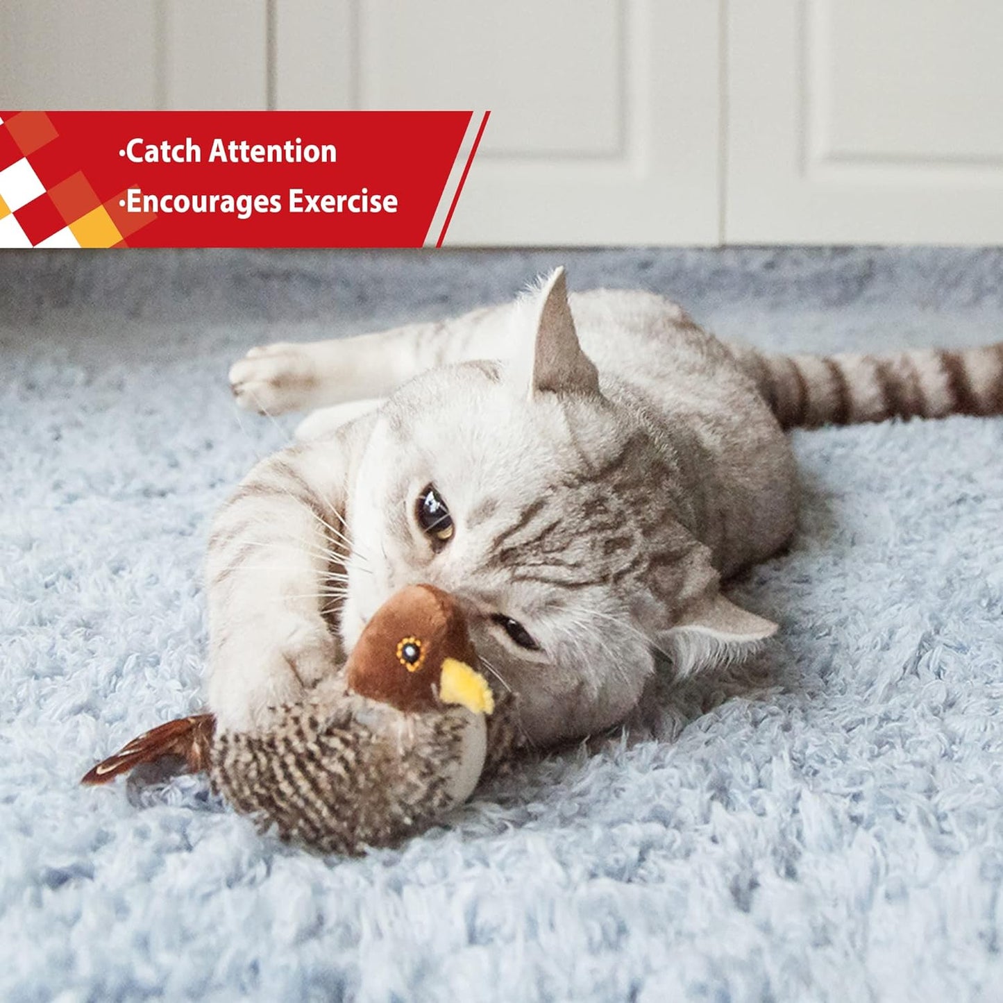 Interactive Cat Toys Squeaky, Stimulated Chirping Bird Toy Making Noise,Automatic Chirp Bird Cat Toy with Feather Tail, Melody Chaser Play and Squeak Kitten Toy for Boredom