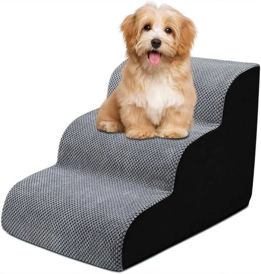 Dog Stairs for Bed, Pet Stairs for Small Dogs, 3-Layer High-Density Foam Pet Steps, Non-Slip Gentle Slope Dog Stair Ramp with Removable and Washable Cover, Suitable for Small, Short, Elderly Pets.