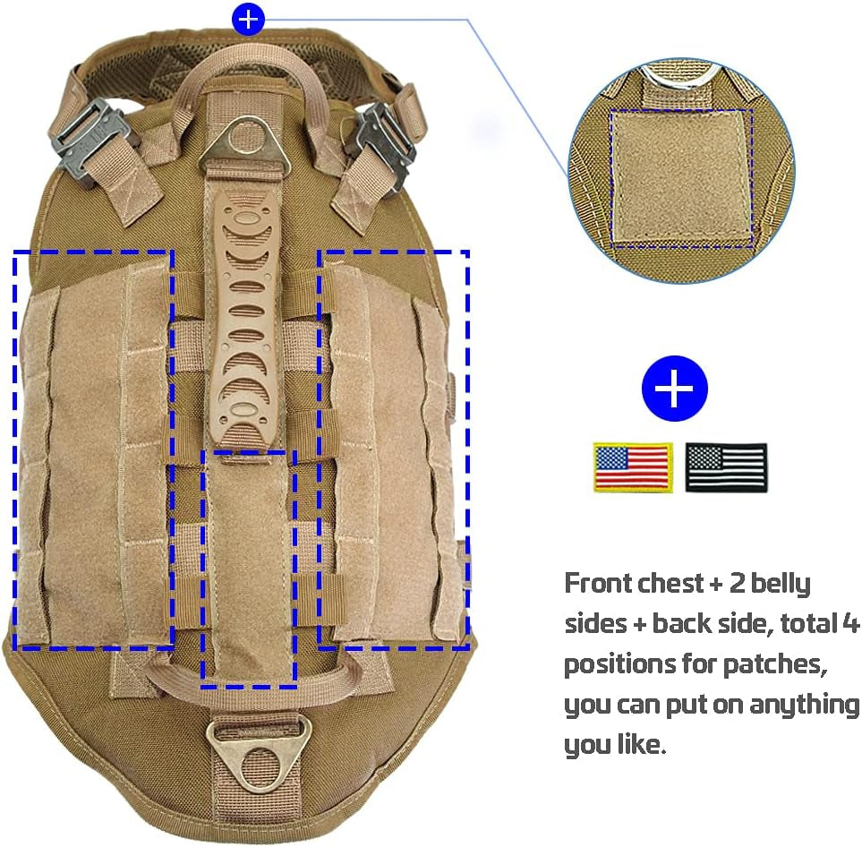 Tactical Dog Harness for Hiking Training, No Pull Vest Harness for Medium Large Dogs, with Pouches and Patches Coyote Brown, M