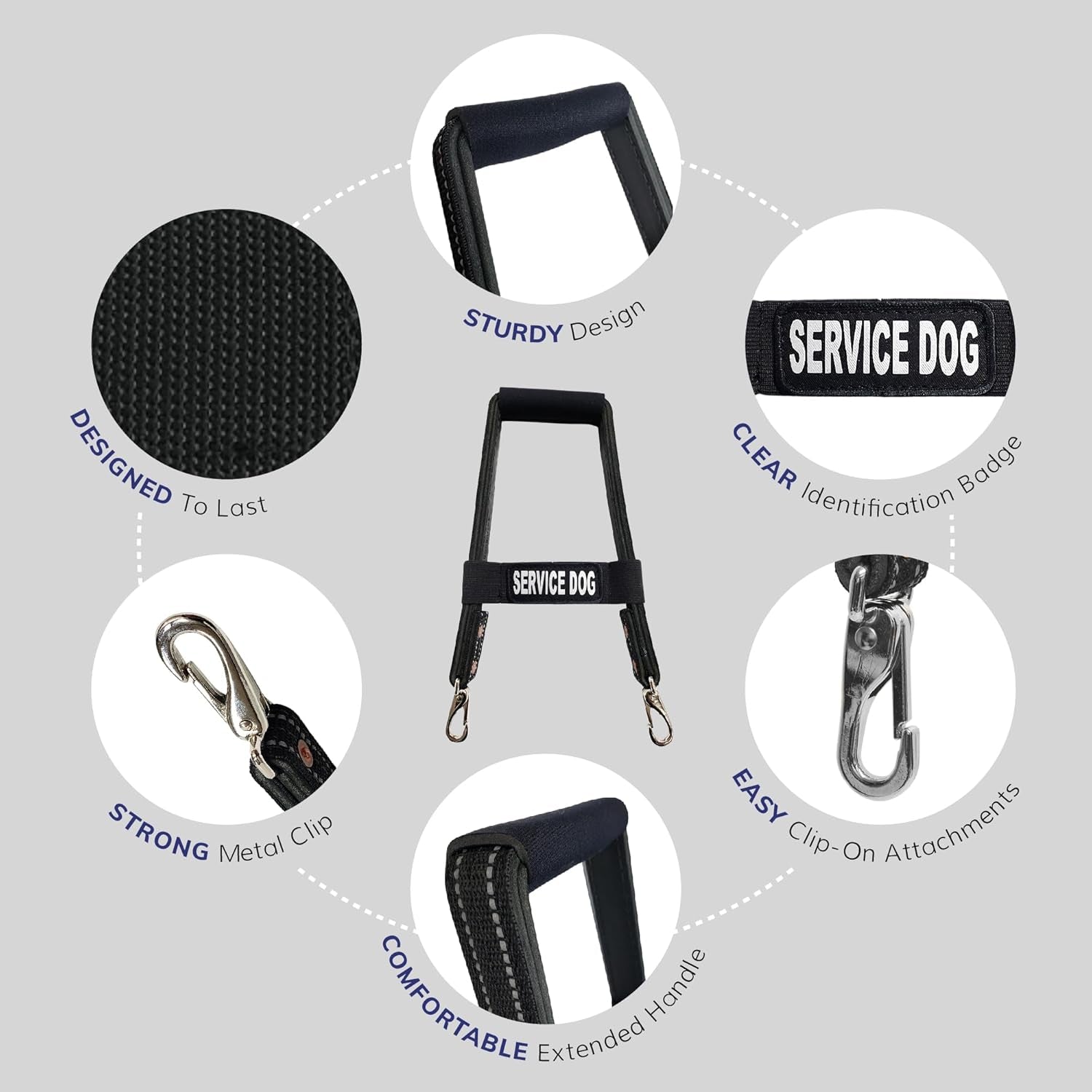 Activedogs Leather Bridge Handle - 12" Solid Steel & Leather Service Dog Handle with Easy Snap-On Clips, Reflective ID Band & Neoprene Padded Grip