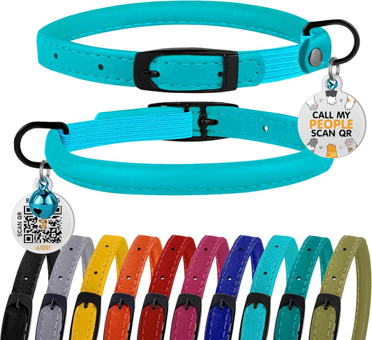 Cat Collar with Bell Kitten Rolled Leather Collars Safety QR ID Name Tag (Light Blue)