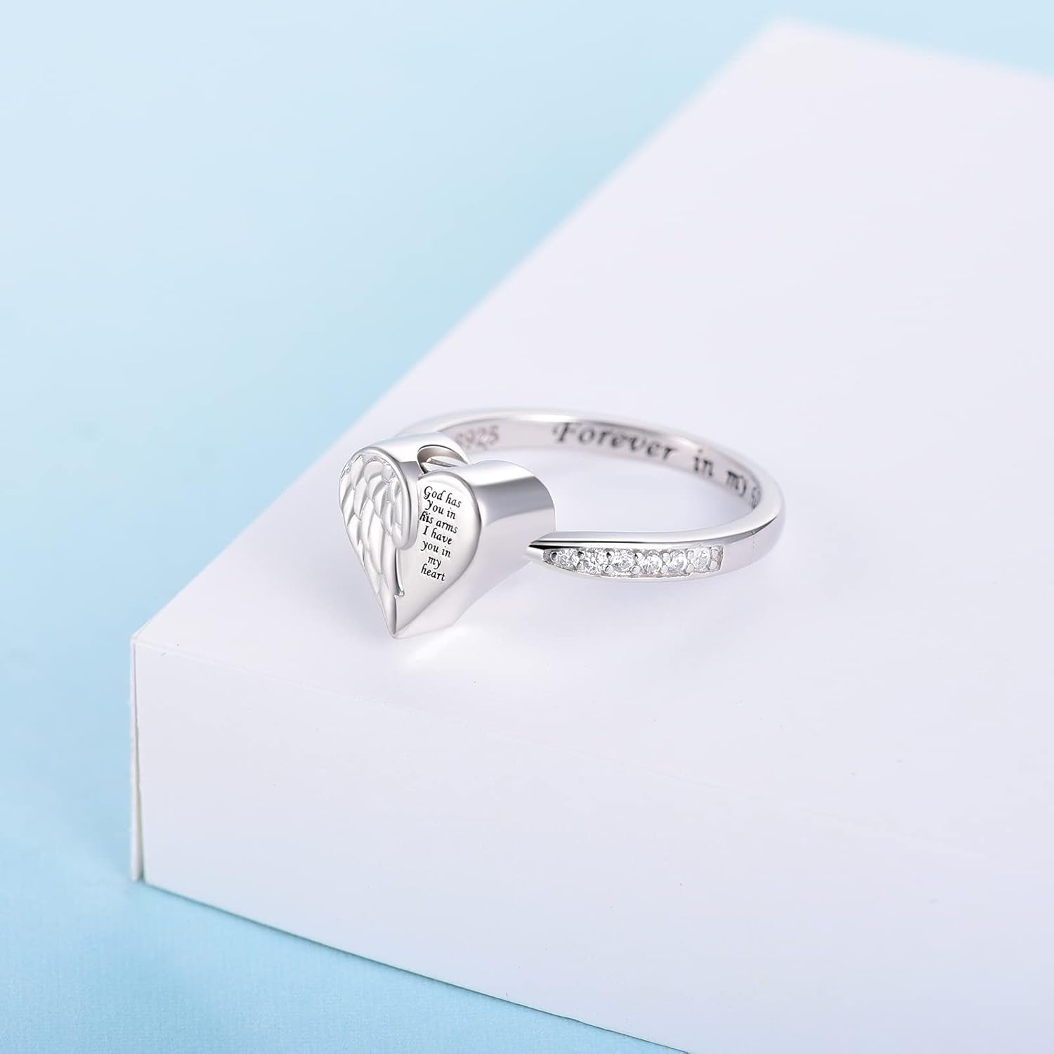 Angel Wing Heart Cremation Ring - Beautiful 925 Sterling Silver Memorial Ring for Cherished Ashes of Loved Ones and Pets