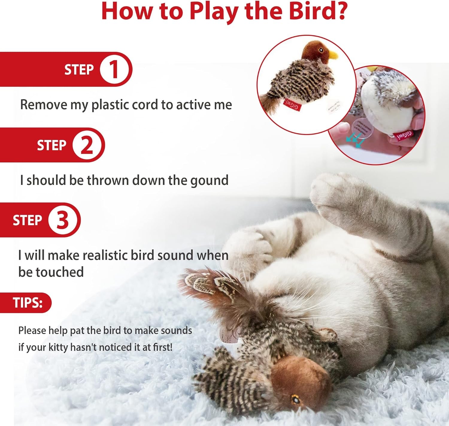 Interactive Cat Toys Squeaky, Stimulated Chirping Bird Toy Making Noise,Automatic Chirp Bird Cat Toy with Feather Tail, Melody Chaser Play and Squeak Kitten Toy for Boredom