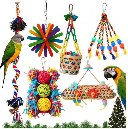 6 Pcs Bird Toys for Parakeet, Parrot & Conure Delights- Featuring Foraging and Chewing Delights, Large Bird Accessories, and Unique Cage Perches for a Joyful Aviary