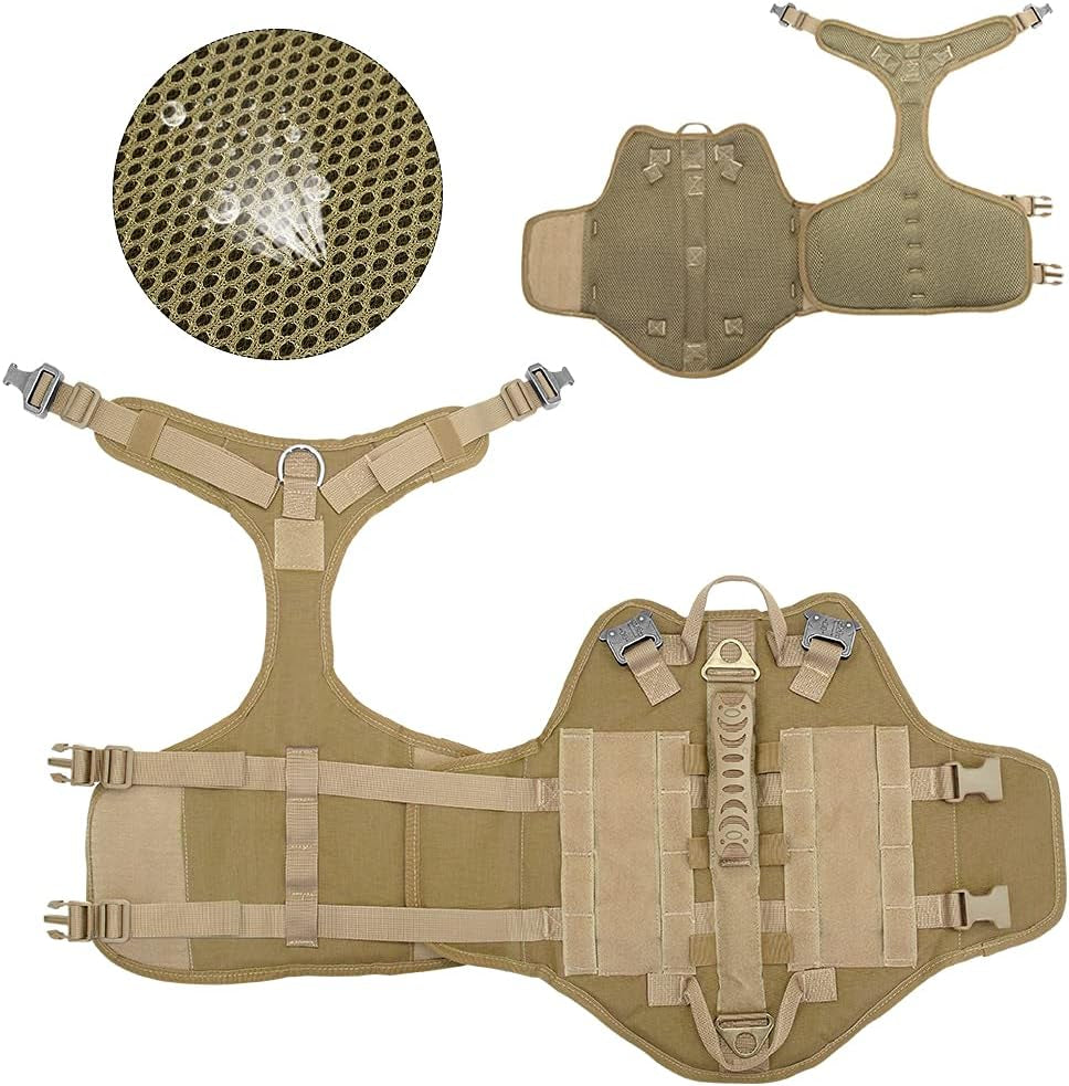 Tactical Dog Harness for Hiking Training, No Pull Vest Harness for Medium Large Dogs, with Pouches and Patches Coyote Brown, M