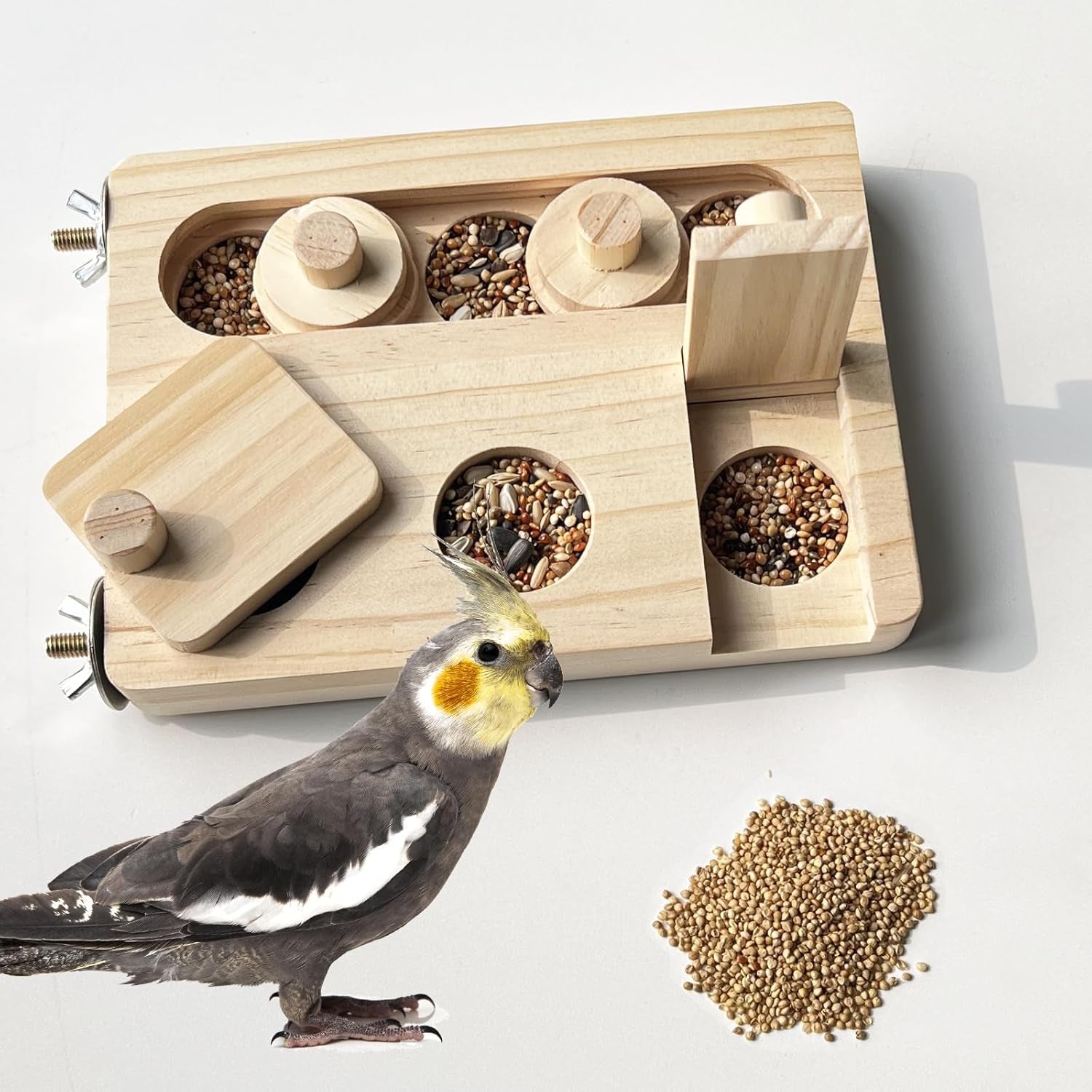 Wooden Bird Foraging Puzzle Toys for Parrots, Parakeet, Cockatiel, Sun Conures - Birds Interactive Mental Enrichment Toy, B Ird Seed Slow Feeder Toy for Cage