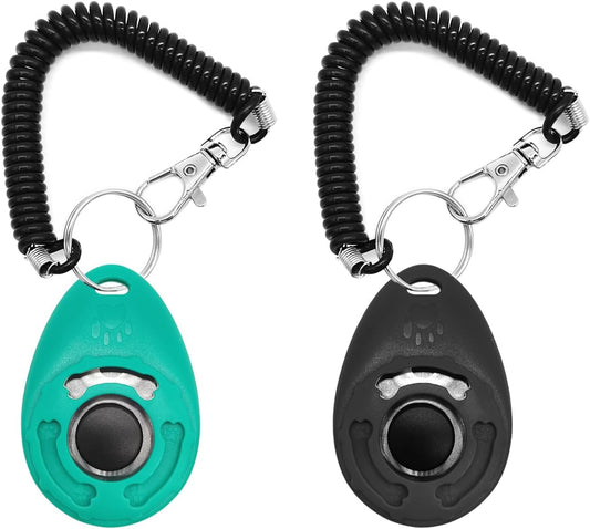 2Pcs Dog Training Clickers with Wrist Strap and Clasp, Lightweight Durable Pet Trainer Clear Sound Pup Training Clicker for Dog Puppy Cat, Gift for Pet Lovers (Black + Green)