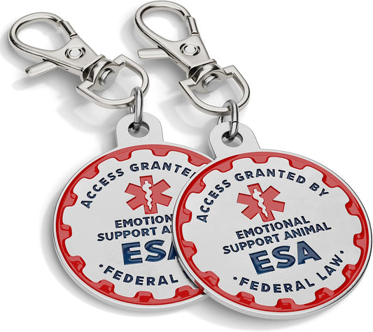 Emotional Support Dog Tag, 2 Pack: Metal Pet ID Tags for Emotional Support Dogs, ESA, and Therapy Dogs, 1.25 Inch Diameter, Double Sided, Navy Lettering and Red Enamel Trim