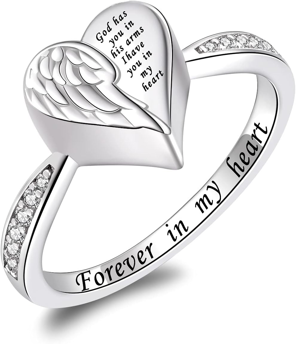 Angel Wing Heart Cremation Ring - Beautiful 925 Sterling Silver Memorial Ring for Cherished Ashes of Loved Ones and Pets