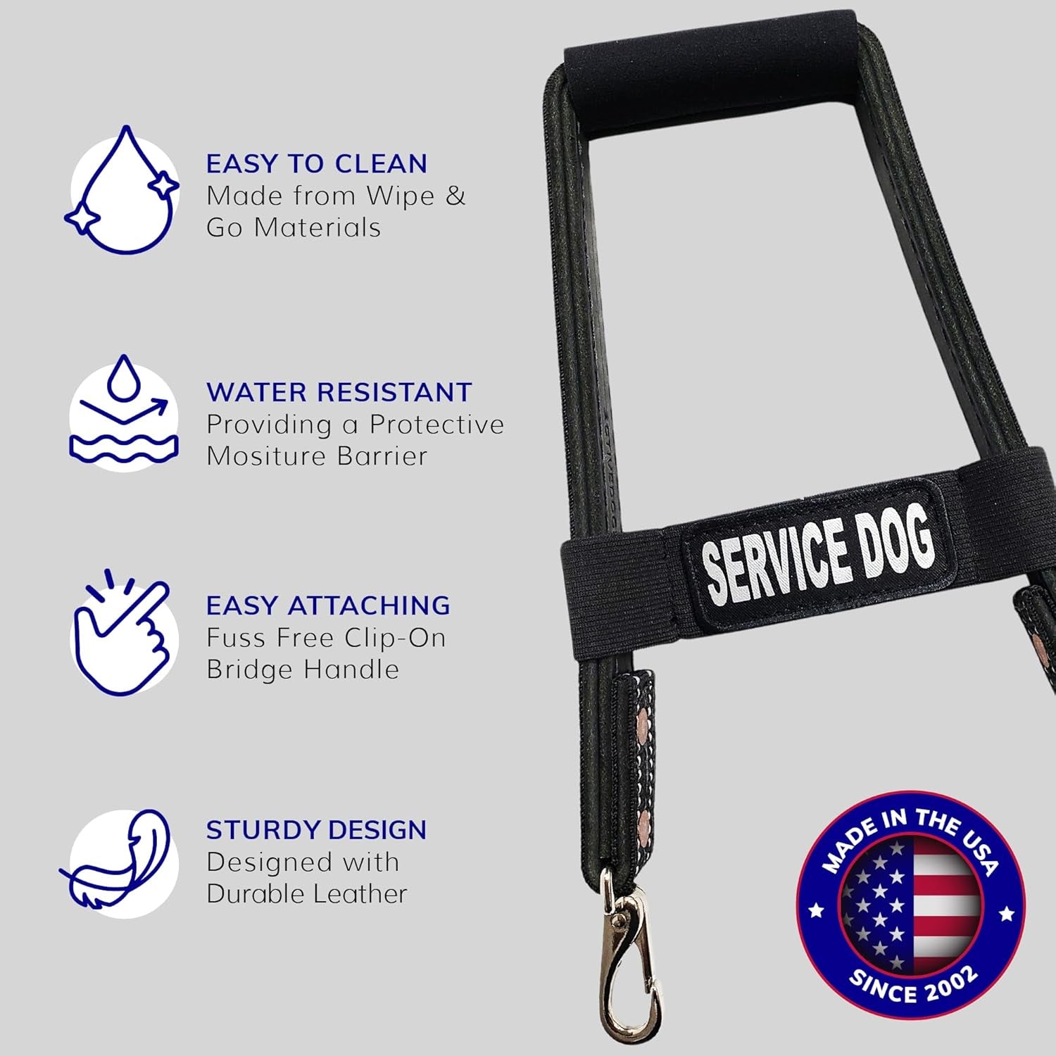 Activedogs Leather Bridge Handle - 12" Solid Steel & Leather Service Dog Handle with Easy Snap-On Clips, Reflective ID Band & Neoprene Padded Grip