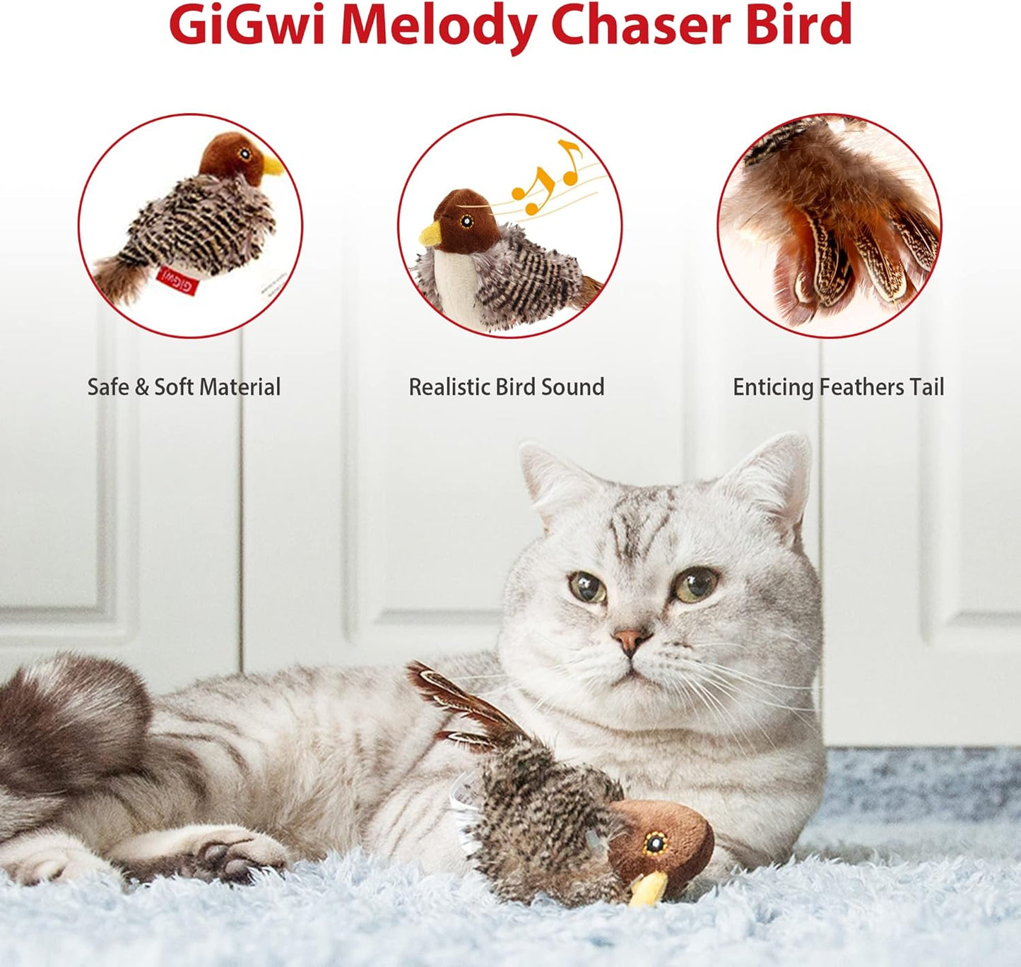 Interactive Cat Toys Squeaky, Stimulated Chirping Bird Toy Making Noise,Automatic Chirp Bird Cat Toy with Feather Tail, Melody Chaser Play and Squeak Kitten Toy for Boredom