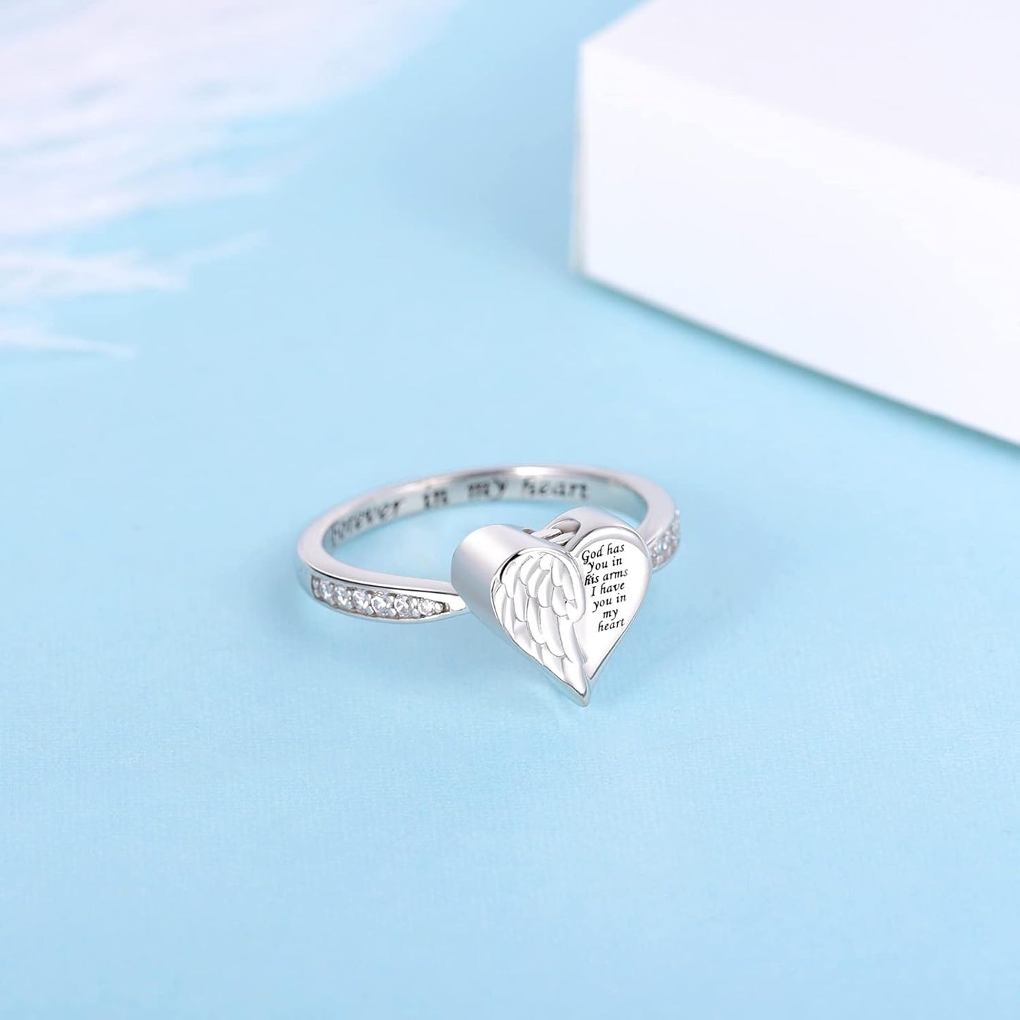 Angel Wing Heart Cremation Ring - Beautiful 925 Sterling Silver Memorial Ring for Cherished Ashes of Loved Ones and Pets