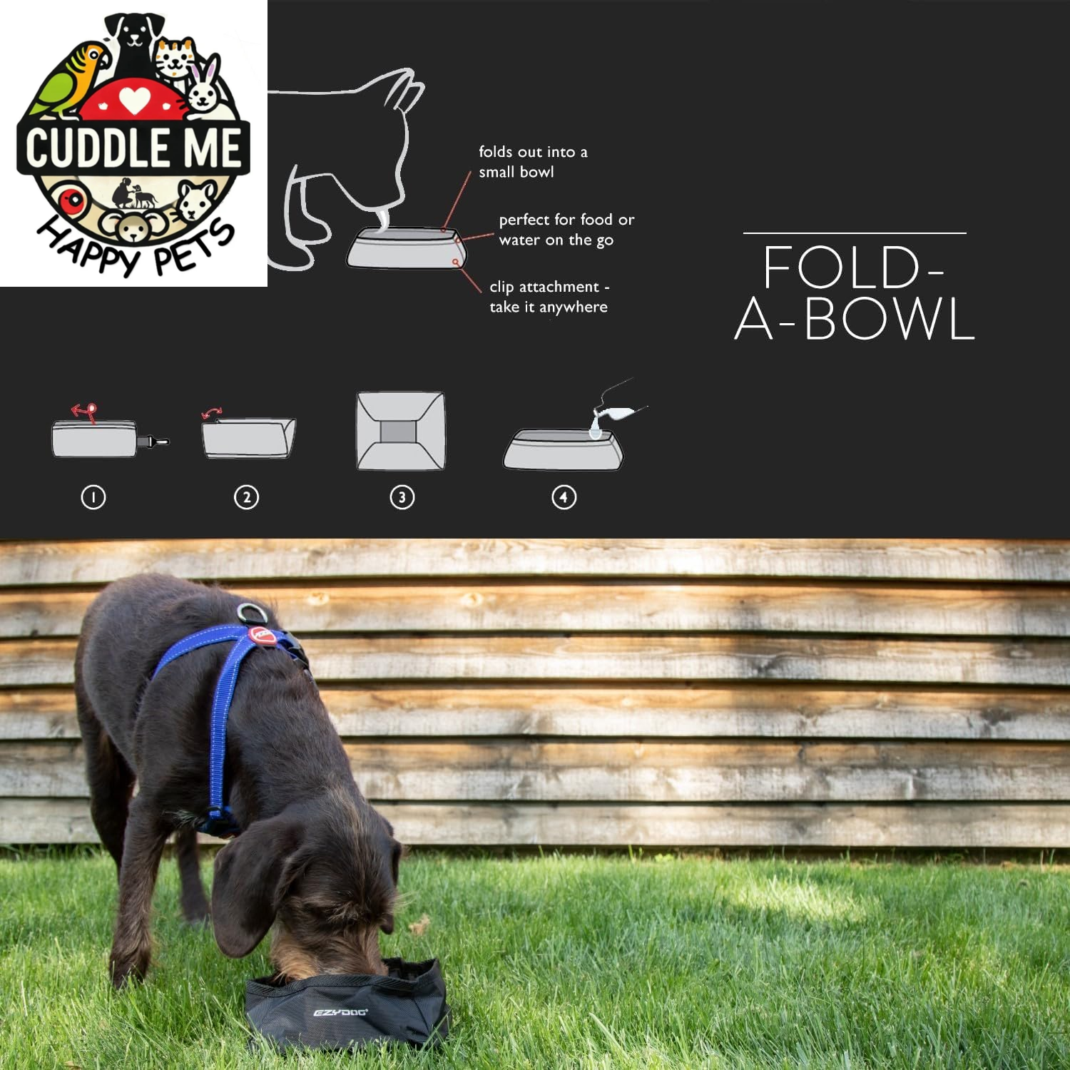 Fold-A-Bowl Portable Dog Bowl - Leak Proof Design and Folds Flat for Easy Transport - Storage Bag Includes Clip for Attachment While Walking, Hiking, and Running (Black, Large)