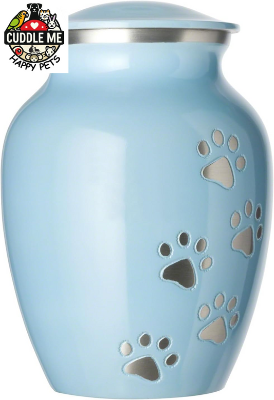 Pet Urn - Ottillie Paws Legacy Memorial Pet Cremation Urns for Dogs and Cats Ashes Hand Carved Aluminium Memory Keepsake Urn (Baby Blue, Pewter, Vertical Paws, Large)