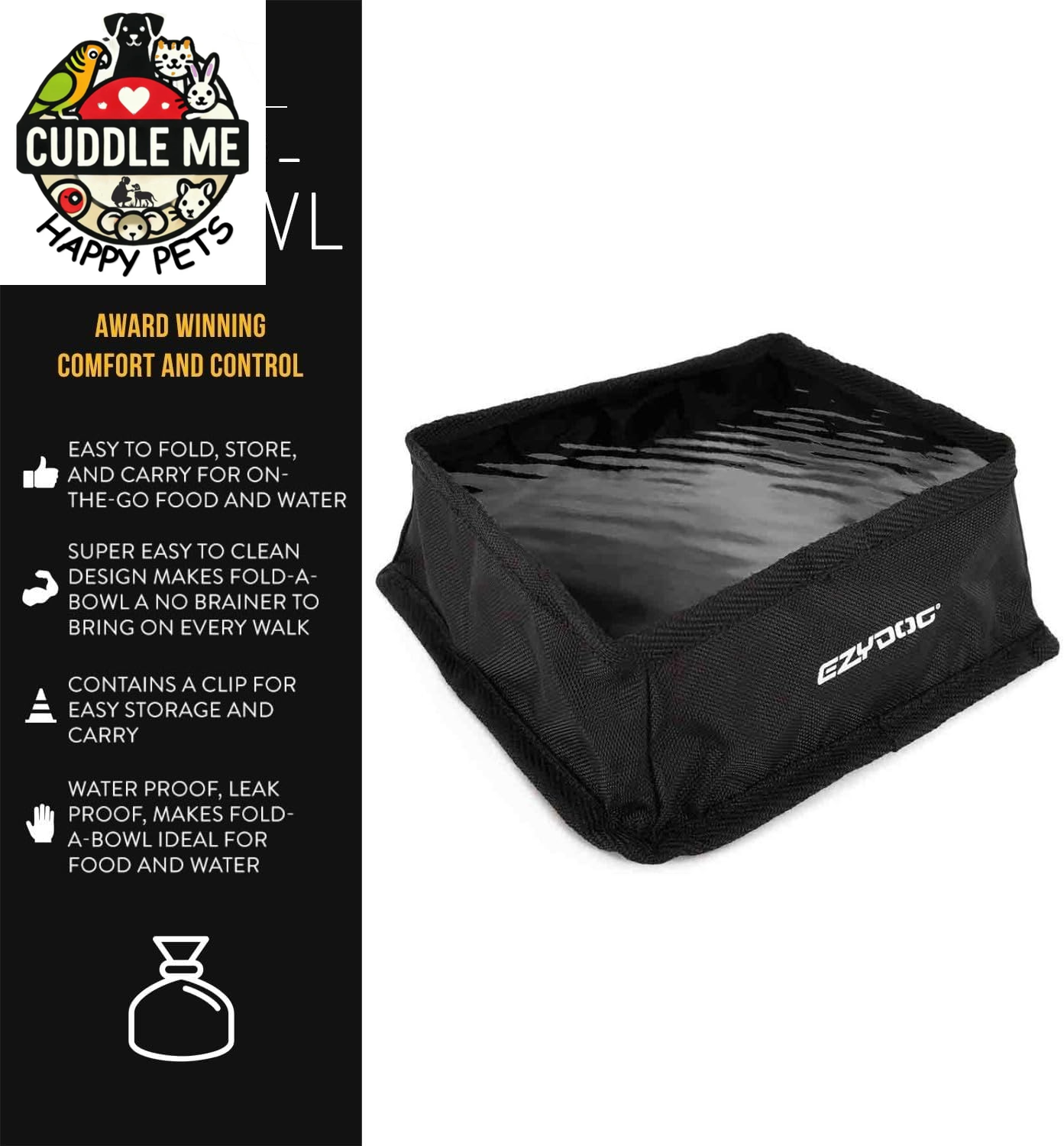 Fold-A-Bowl Portable Dog Bowl - Leak Proof Design and Folds Flat for Easy Transport - Storage Bag Includes Clip for Attachment While Walking, Hiking, and Running (Black, Large)